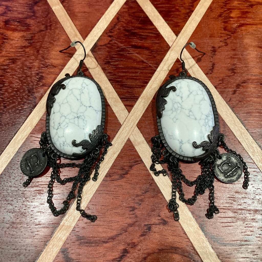 Vtg All Saints Eucharis White Black Marble Stone Earrings Chain Coin Statement 65$